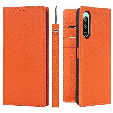 Imagem de DENSUL Capa de couro genuíno para Sony Xperia 5 IV, capa carteira de textura de lichia premium flip slot para cartão suporte magnético alça de pulso proteção contra quedas, laranja