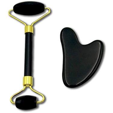 Imagem de MAXBROTHERS Jade Massageador Facial, Jade Roller e Gua Sha Massageador Facial Anti-rugas, anti-envelhecimento, emagrecimento facial, remoção de rugas, reafirmante (Preto)