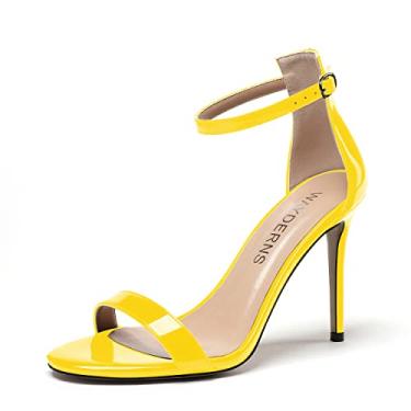 Imagem de WAYDERNS Sandália feminina de salto alto stiletto com fivela de fivela de dedo aberto patente patente salto alto moda sólida 10 cm, Amarelo, 11.5