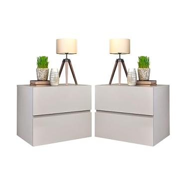 Imagem de Kit Mesa de cabeceira lateral suspensa de parede eros 45 Off White puxador em cava