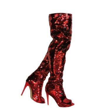 Imagem de Frankie Hsu Botas punk stiletto acima do joelho, vermelho prata lantejoulas glitter salto alto estilo coxa, moda tamanho grande clube peep toe sapatos longos altos para mulheres homens, Vermelho, 8.5