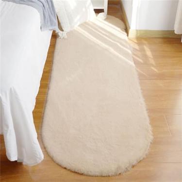 Imagem de Tapete de cabelo oval para cabeceira doméstica, tapete fofo de pelúcia para área de quarto infantil, carpete de pele sintética branco cinza, camelo, 100 x 160 cm (39 x 63 pol.)