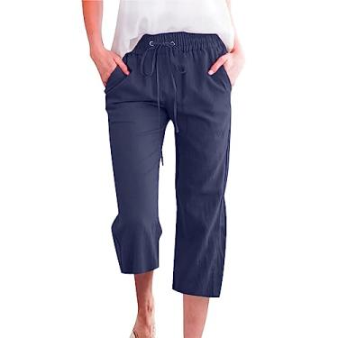 Imagem de Elogoog Calça capri feminina solta de perna larga Palazzo calça de cintura alta moderna calça cropped de perna larga com bolsos, B - azul-marinho, 3G