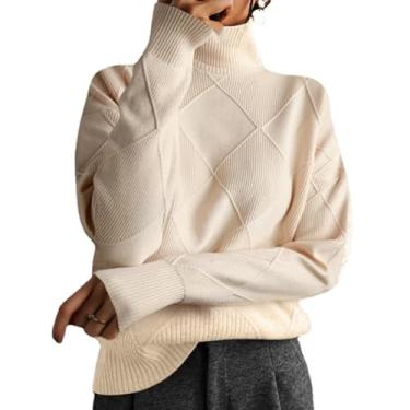 Imagem de Suéter feminino casual de malha de cor sólida pulôver de manga comprida suéter de gola rolê, Bege branco, M