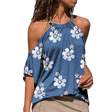 Imagem de Blusas femininas de treino com ombros de fora, de manga curta, blusas fofas de verão, de algodão, recortadas, túnica formal, Azul, 3G