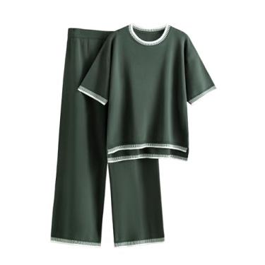 Imagem de IMCTAH Conjunto feminino de malha de 2 peças, pulôver de manga curta, calça larga, Verde, G