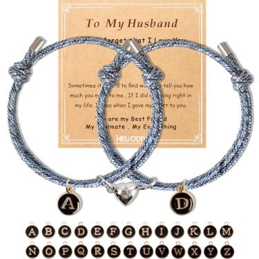 Imagem de Hellodiy Pulseiras combinando para casais, pulseira de promessa Pinky com letras pendentes de A-Z, presente para namorado, namorada, melhor amigo, com lindo coração combinando, To My Husband, Nylon,