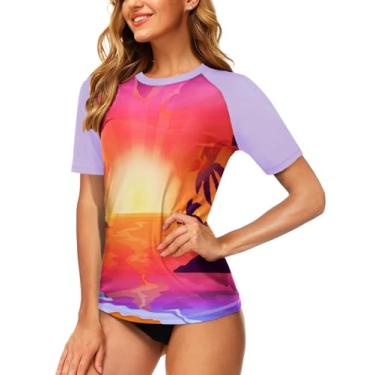 Imagem de AOBUTE Camisetas femininas Rash Guard Tropical FPS 50+ com proteção solar floral de manga curta, Coqueiro, roxo, P