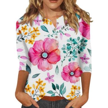Imagem de Camiseta feminina listrada de manga três quartos, caimento solto, casual, roupas de verão para sair, Vermelho - 1, P
