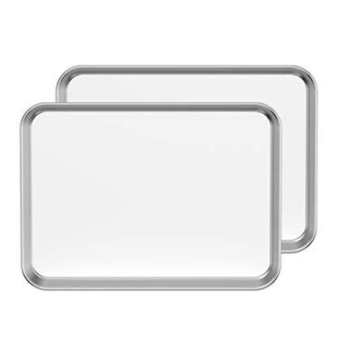 Imagem de Conjunto de 2 assadeiras Bastwe de aço inoxidável, 2 peças, conjunto de assadeira para forno torradeira, tamanho retangular 40,6 x 30,4 x 2,5 cm, saudável e não tóxico, acabamento espelhado e sem ferrugem, pode ser lavado na lava-louças