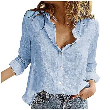 Imagem de Camiseta feminina de verão de linho de manga comprida, caimento solto, cor lisa, gola V, botão, túnica, Azul, 3G