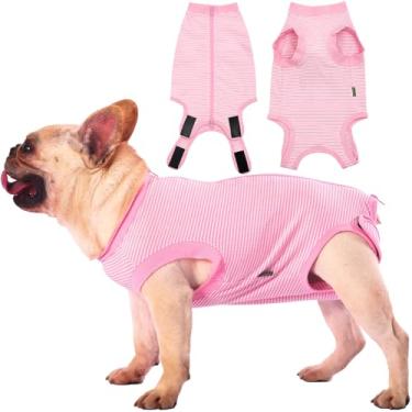 Imagem de Sychien Terno de recuperação de cães rosa feminino Spay camisa pequena cirúrgica masculina, terno de recuperação de cirurgia masculina, listrado rosa-branco PP