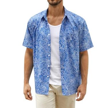 Imagem de Hardaddy Camisa masculina havaiana manga curta praia tropical casual abotoada, Azul, P
