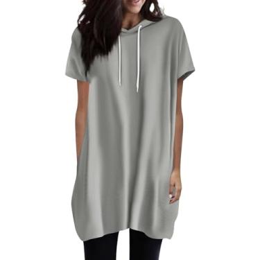 Imagem de 2024 Camisetas femininas de manga curta cor sólida com cordão básico verão casual blusas soltas túnicas com bolsos, Cinza, G