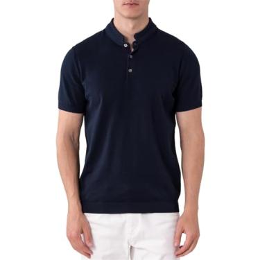 Imagem de ALTAIREGA Camisa polo masculina casual malha algodão gola alta manga curta Henley 3 botões macio leve, Azul-marinho, GG