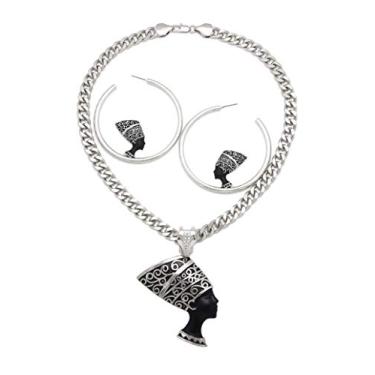Imagem de CBC Crown Conjunto feminino de colar e brinco de argola Rainha Egípcia Nefertiti em prata dourada, Metal