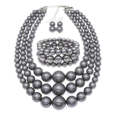 Imagem de JNF Conjunto de colar e brinco de pérolas grandes com vários fios de pérolas bijuterias de fantasia colares de pérolas grossas para mulheres, Pérola sintética, Sem Pedra Preciosa