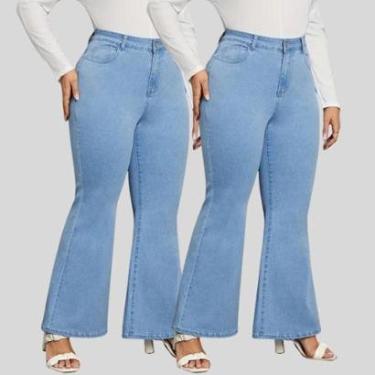 Imagem de KIT 2 Calças Flare Plus SizeJeans Feminina Boca de Sino Cintura Alta Modeladora-Feminino