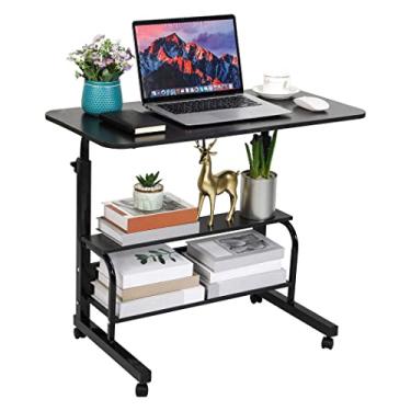 Imagem de Raathionty Mesa ajustável para escritório em casa portátil para estudo de computador para pequenos espaços, mesa lateral móvel sobre rodas, mesa de laptop pequena de estudante com armazenamento preto