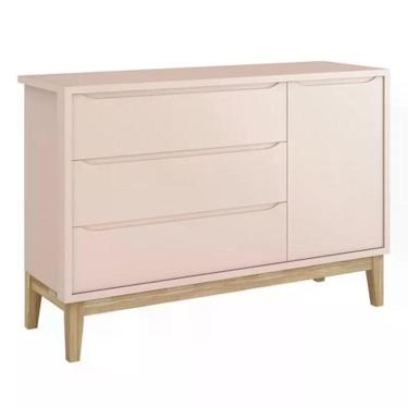Imagem de Cômoda Infantil Classic 1 Porta E 3 Gavetas Rosa Fosco Com Pés Madeira Natural - Reller Móveis Rosa Fosco