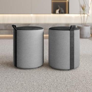 Imagem de KIT 2 PUFF- Linho Cinza com fibra natural. Assento e ALÇA em Couro Preto.