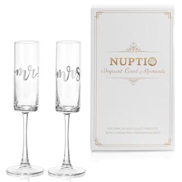 Imagem de NUPTIO Taças de champanhe Mr Mrs: conjunto de 2 flautas gravadas para presente de casamento Prosecco prata dele dela presente personalizado casal noivo noiva noivado aniversário dia dos namorados