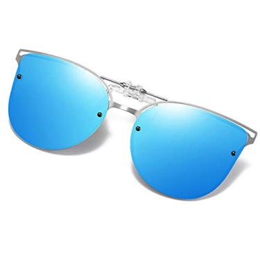 Imagem de FF FRAZALA Óculos de sol polarizados com clipe, antirreflexo, proteção UV 400, óculos de sol cateye/aviador, óculos de sol com prescrição, Formato de cateye/lente espelhada azul/visão cinza, Free