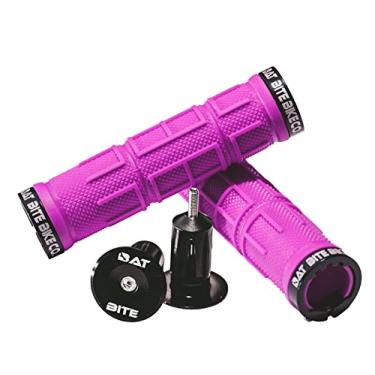 Imagem de Bat Bite Bike Co. Punhos de guidão de bicicleta de montanha com extremidade de barra de liga, punhos de MTB de bloqueio duplo, punhos antiderrapantes para alça de bicicleta, aderência de travamento confortável para BMX, Beach Cruiser, E-Bike, Scooter (Roxo)