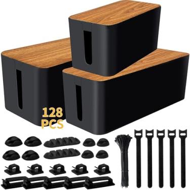 Imagem de Caixa de gerenciamento de cabos 145 pçs Gerenciamento de cabos para fita de alimentação com 3 caixas organizadoras de cabos e 142 pçs Organizador de cabos de clipes de cabo e manga de cabo para esconder fios e cabos para casa e escritório (preto)