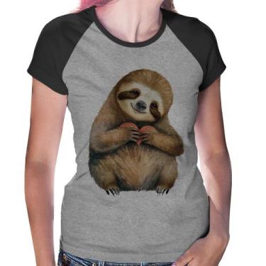 Imagem de Baby Look Raglan Bicho Preguiça Coração - Foca na Moda, Cinza, Preto, 