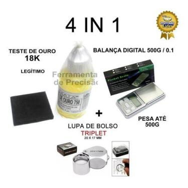 Imagem de Kit Verifica Ouro - Pedra Peq + Ácido 18k + Balança 500g + Lupa - EXAT