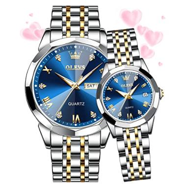 Imagem de OLEVS Relógio de pulso masculino e feminino masculino e feminino de aço inoxidável à prova d'água luminoso com data, Relógios de casal dourado e azul,
