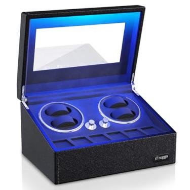 Imagem de iFregga Caixa para dar corda em relógios automáticos, Mabuchi 4/6 + 6 armazenamento extra com luz de fundo azul serenidade, caixa de forro de veludo macio, tampa aberta e 4 modos, Noir, Japonês