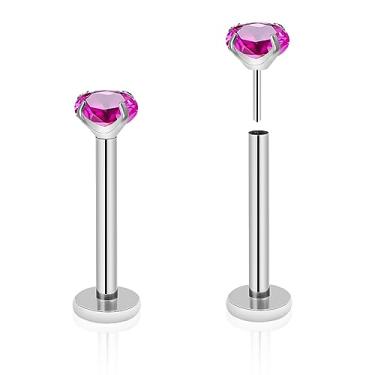 Imagem de ZYTAIJEW 2 peças G23 titânio 20G/18G/16G 6mm-12 mm anel de nariz plano push-in sem rosca 3 mm Prong CZ Monroe Labret anéis labiais Helix Nail cartilagem tragus brinco piercing joias, Titânio, Sem