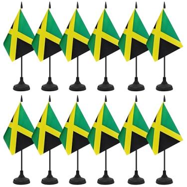 Imagem de Conjunto de 12 bandeiras de mesa da Jamaica, bandeira de mesa jamaicana, bandeira de mesa pequena em miniatura com mastro preto e base preta, sala de aula, decoração de mesa de reunião de escritórios