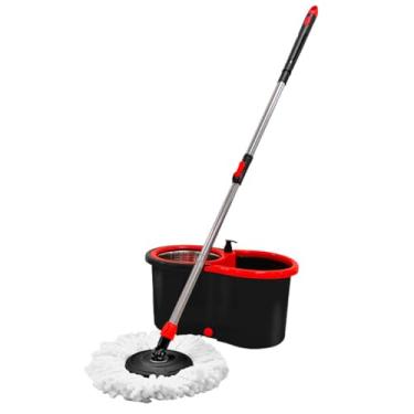 Imagem de Mop Giratório Pró com Centrífuga em Inox alta performance Vermelho e Cinza Balde 13l Cabo Esfregão 1,25m, prático, eficiente, durável, moderno.