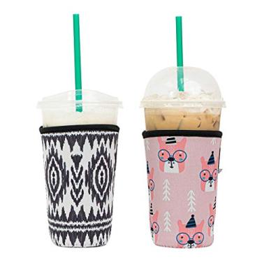 Imagem de Manga de café gelado Baxendale para copos de tamanho médio – Pacote com 2 – Manga de café gelado de neoprene – Mangas para copo para bebidas frias reutilizáveis compatíveis com Starbucks, Dunkin (asteca e urso)