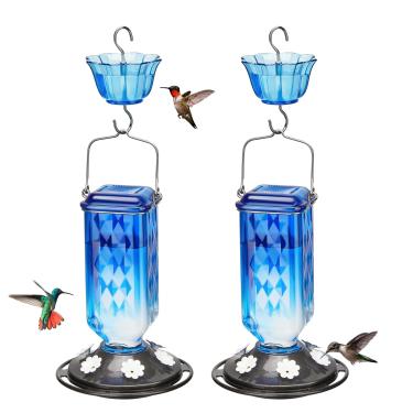 Imagem de Kingsyard Alimentador de beija-flor de vidro para pendurar ao ar livre, 680 g, 6 portas de alimentação, alimentador de néctar de pássaro para decoração de jardim, fosso de formigas incluído, azul