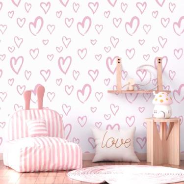 Imagem de Papel de parede rosa descascar e colar papel de parede moderno coração vinil contato autoadesivo removível amor papel de parede 17,3 x 300 DIY para quarto de meninas decoração de quarto de criança