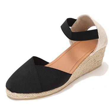 Imagem de U-lite Sandália feminina de 7,6 cm com tira elástica no tornozelo, bico redondo, fechada, alpargatas, salto cunha, Preto, 38