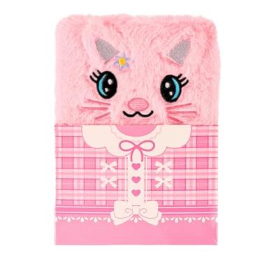 Imagem de Joucien A5 - Caderno de pelúcia de desenho animado com cadeado, planejador de papelaria estudantil - gatinho - rosa