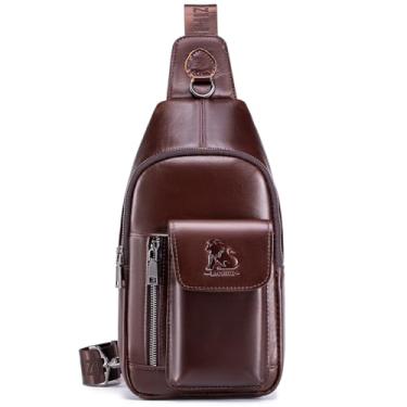 Imagem de pundarika Bolsa tiracolo masculina de couro legítimo, bolsa tiracolo para o peito, casual, mochila tiracolo, Marrom