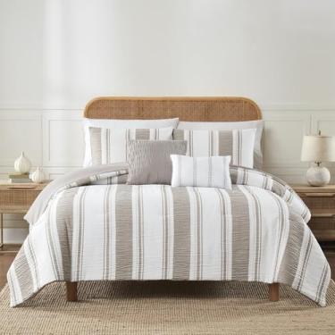 Imagem de Modern Threads Conjunto de edredom de jacquard de 5 peças, Lonnie Queen em cinza-acastanhado branco – edredom elegante, 2 fronhas e 2 travesseiros decorativos