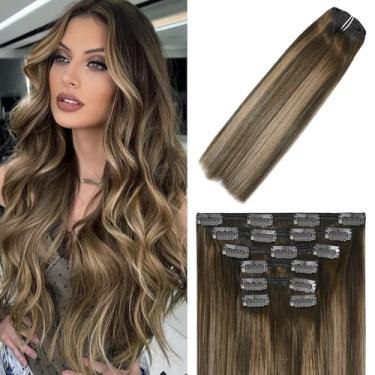 Imagem de WindTouch Clip In Hair Extensions Cabelo Humano Real Clip In Extensions Balayage Castanho Médio para Loiro Caramelo Extensões de Cabelo Cabelo Humano Real 20" 7Pcs 120G Extensões de Cabelo Clip Ins