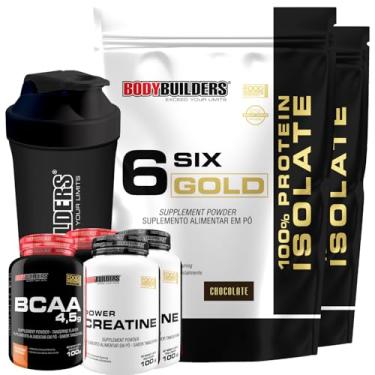 Imagem de Kit 2x 6 Six Gold 100% Protein Isolate 2kg + 2x Creatina 100g + 2x BCAA 100g + Coqueteleira - Bodybuilders (Médio, Chocolate)
