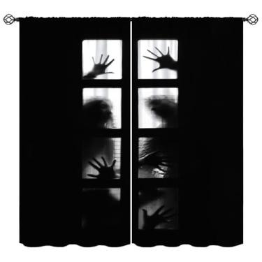 Imagem de Cortinas de terror de Halloween para quarto, atrás da porta há inúmeros pares de tratamentos de janela com mãos fantasmagóricas aterrorizantes, cortinas de isolamento térmico com bolso de haste para