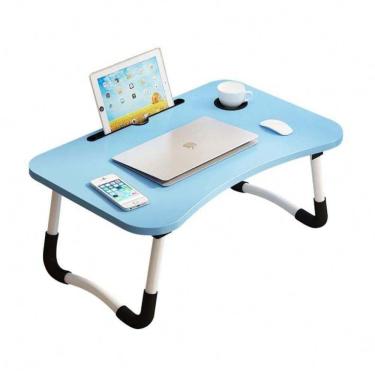 Imagem de Mesa Notebook Dobravel Home Office Bandeja Sofa Cama Multiuso Suporte Porta Copo Azul