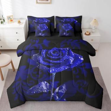 Imagem de Erosebridal Jogo de cama king size com rosa azul, 7 peças, cama romântica para casal, 1 edredom, 1 lençol de cima, 1 lençol com elástico, 2 fronhas, 2 fronhas