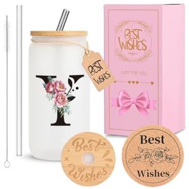 Imagem de HWJH Copo de vidro inicial personalizado para mulheres - copo de vidro à prova de vazamento de 473 ml com tampa e canudos, conjunto de presente com monograma, copo reutilizável fosco fosco para café,