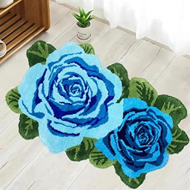 Imagem de USTIDE Tapete de banho felpudo com rosas azuis, tapete de banheiro de flores laváveis, tapete antiderrapante de pilha alta para banheira/chuveiro/porta/cozinha